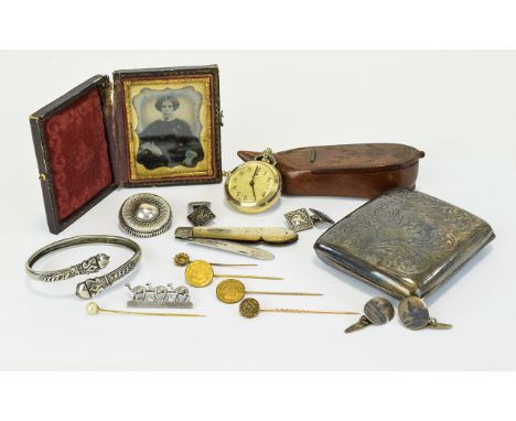 Mixed Lot Of Jewellery, Comprising Gilt Stick Pins, Silver Brooches, Mother Of pearl Fruit Knife, Fob Watch etc