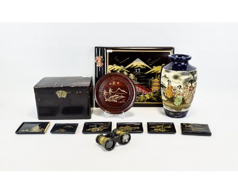 A Small Collection Of Decorative Oriental Items Three items in total to include a cobalt blue vase with gilt trim and ornate 
