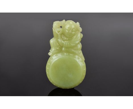 Antique Period Chinese Yellow Jade Boy and Drum Pendant, of Very Fine Quality and Proportions. From a Private Collection. Siz