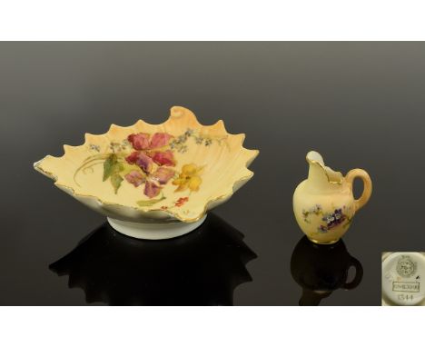 Royal Worcester Blush Ivoary Helmet Shaped Miniature Jug, Decorated with Painted Images of Spring Flowers, Gold Gilt Borders.