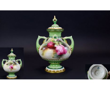 Royal Worcester Hadleys Hand painted Persian Style Twin Handle Lidded Vase 'Roses' still life, date 1907. Full marks to under