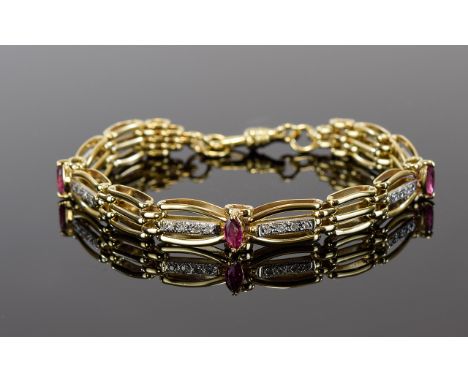 9ct Gold Ruby & Diamond Set Gate Bracelet, Fully Hallmarked