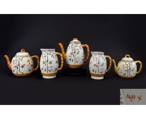 Brownhills Pottery Aesthetic Bamboo and Trellis Ware - Five Pieces Comprising a Large and a Small Teapot, a Lidded Hot Water 