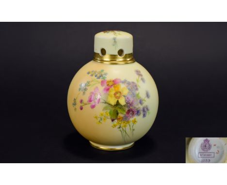 Royal Worcester Blush Ivory Globular Shaped Lidded Potpourri, Decorated with Painted Images of Spring Flowers, Gold Gilt Bord