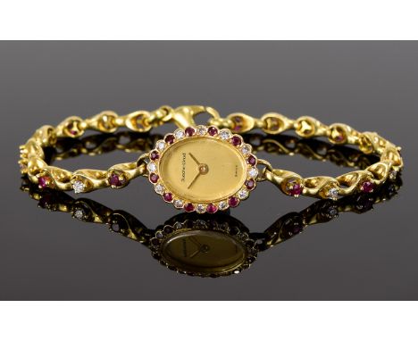 Ladies 18ct Gold Bueche Girod Wristwatch, Oval Shaped Gilt Dial, The Bezel And Chain Link Bracelet Both Set With Alternating 