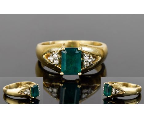 Ladies 14ct Gold Single Stone Step-cut Emerald Dress Ring, Set with Diamond Shoulders, Nice Quality Emerald. Est - Emerald We