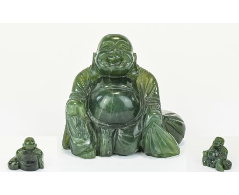 Jade - Early to Mid 20th Century Well Carved Figure of a Seated Laughing Buddha. 3.25 Inches High. 