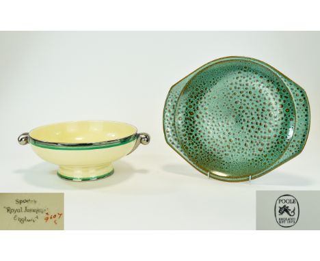 Spode Royal Jasmine Patterned Art Deco Punch Bowl with silver and green banding to the top rim, measuring 9 inches in diamete