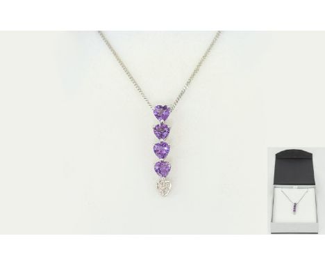 Ladies 9ct White Gold and Amethyst and Diamond Drop Pendant, with Attached 9ct White Gold Chain - 20 Inches In length. Marked