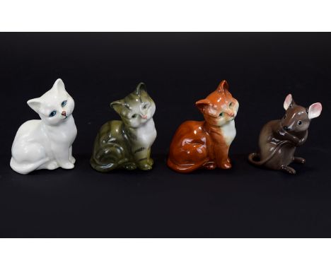 Beswick Cat Figures ( 3 ) + a Mouse Figure. Comprises 1/ Kitten Seated. Model 1436, Colour way White. Issued 1956 - 1963. Hei