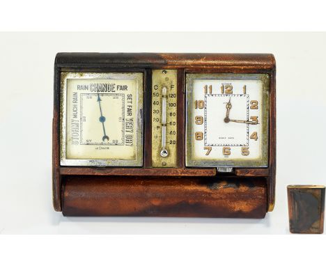 Aspreys Jaguer-le-Coultre Chrome Cased Travellers Clock and Barometer. Comes In a Leather Case, The Case Is Distressed. c.193
