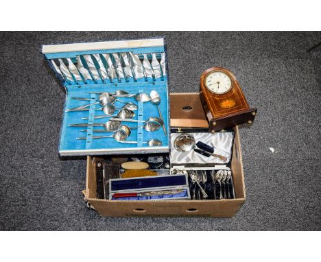 Box Of Misc Items To Include Silver Mounted Ebony Dressing Table Set, Flatware, Old Camera, Edwardian Clock etc