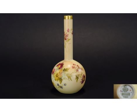 Royal Worcester Blush Ivory Specimen Vase, Decorated with Painted Images of Spring Flowers. Gold Gilt Band to Spout. Shape 12