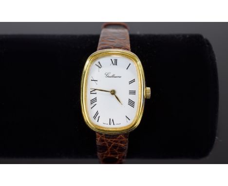 A Gold Plated ' Guillaume ' Ladies Wrist Watch - Swiss Made ( Manual Wind ) on a Leather Strap In a Black Case. Working. 