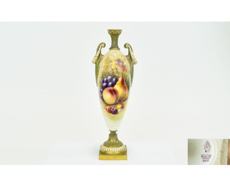 Royal Worcester Hand painted And Signed Tall Twin Handle Classical Shaped Vase Fallen Fruits still life , pears apples grapes
