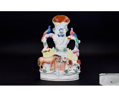 Staffordshire - Pottery Figural Spill Vase. c.1850/1860. Features Horse, Cow, Exotic Birds and Floral Decoration In Wonderful