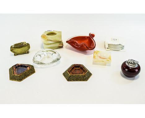 Smoking Interest, Collection Of Ashtrays In Glass And Onyx, Ronson Table Lighter + 1 Other And A Silk Cut Boxed Lighter