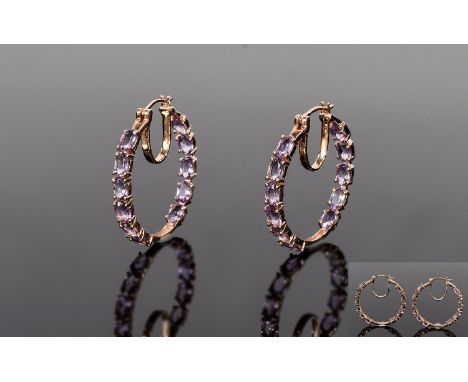 Rose de France Amethyst Large Hoop Earrings, 9cts of oval cut Rose de France amethysts set to the front and the inner side of