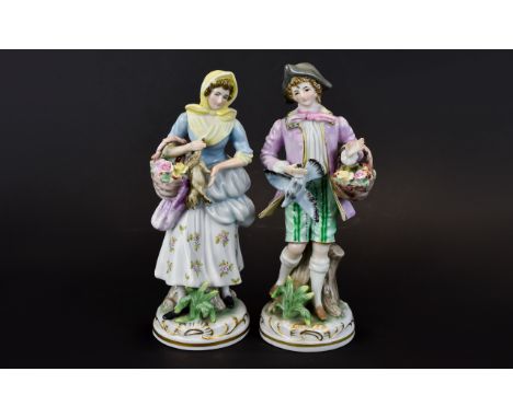 German Mid 20th Century Pair of Hand Painted Porcelain Figures ' Male and Female ' In 18th Century Dress. Both Carrying Baske