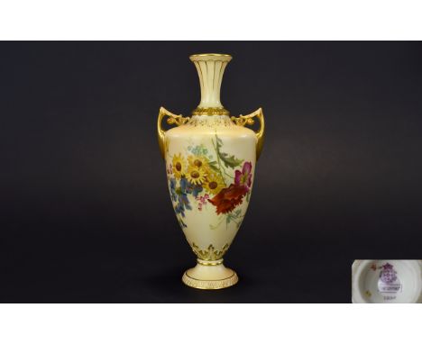 Royal Worcester Blush Ivory Twin Handle Vase, Decorated with Painted Images of Spring Flowers, Gold Gilt Handles and Borders.