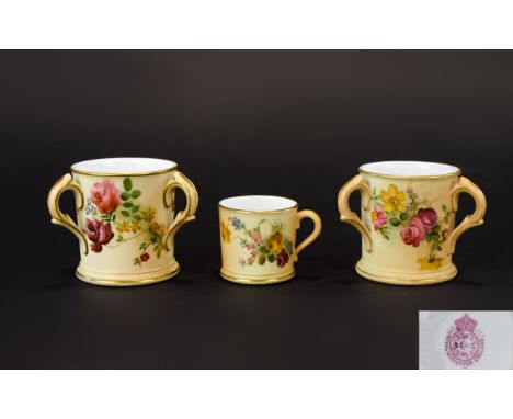 Royal Worcester Blush Ivory - Pair of 3 Handle Cups, Decorated with Painted Images of Spring Flowers, Gold Gilt Borders and H