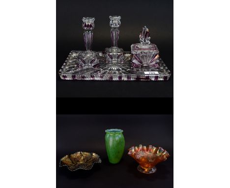 Glass Dressing Table Set comprising a pair of candlesticks, trinket pot and lid and rectangular tray, Clear glass with purple