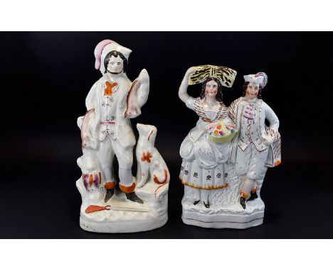 Staffordshire Mid 19th Century Large Hand Painted and Impressive Pottery Figures. Comprises 1/ Large Figure of a Hunter Holdi