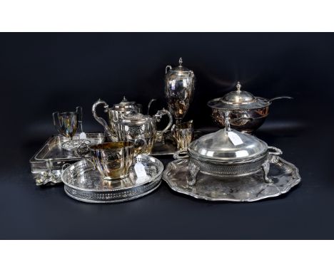 Large Collection of Silver Plated Ware Approx 11 items in total. To include twin handled footed tureen, four decorative etche