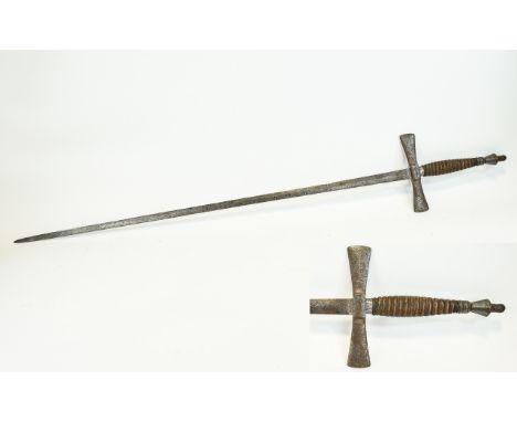 Antique Sword  Aged patina with Flattened axe blade shape cross guard, finial pommel and leather bound tang. 39.5 inches in l