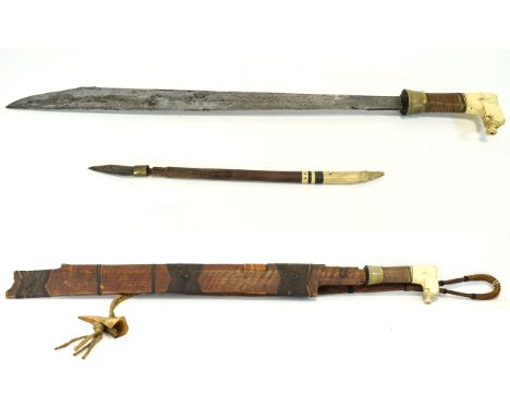 Malayan Sword And Scabbard, Dayak Mandau Head Hunters Sword, With Ivory Head Pommel.