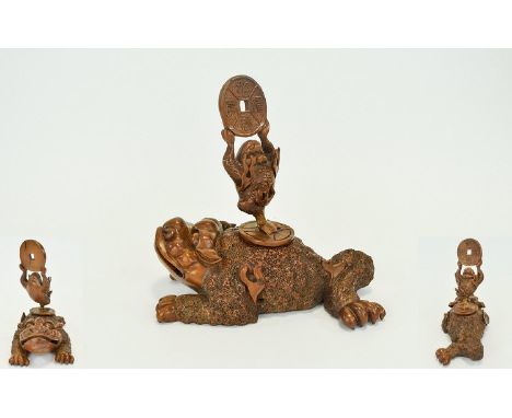 Chinese - 19th Century Unusual Mythical Carved Wooden Sculpture of a Large Money Frog Figure, with Smaller Carved Frog Cover 
