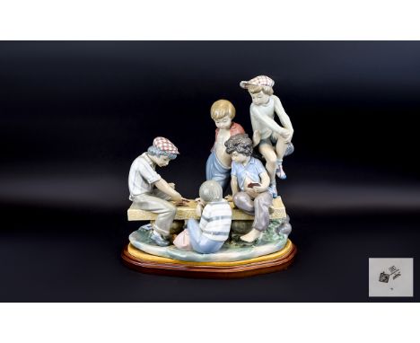 Nao by Lladro Large and Impressive Ltd Edition Porcelain Figure Group ' Boys Playing Cards ' From The Youth and Childhood Col