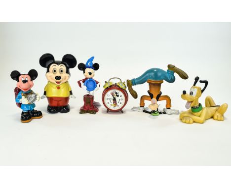 Collection of Walt Disney Collectables. Includes Mickey Mouse Alarm Clock, Pluto Nodding Figure, Magician Mickey Mouse, Goofy