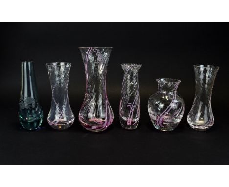A Collection Of Decorative Glass Vases Six in total each in rose and amethyst tones, to include amethyst bud vase with etched