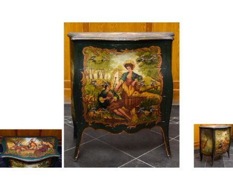 19th Century Painted ' Bombe ' Commode Chest of 3 Drawers of Continental Origin, Probably French. The Side, Front and Top Pai