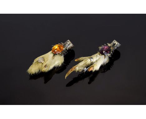 Two Scottish Silver Talon Brooches, formed from an eagles talon, With Silver Mounts Set With Amethyst & Citrine Stones, Surmo