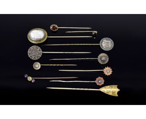 Collection of Stick Pins including several stone set, eg.garnet, peridot, amethyst etc, adapted coins, cameo etc