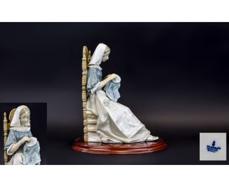 Lladro Handmade Top Quality Porcelain Figure Raised on Oval Shaped Wooden Stand ' Insular Embroiderers ' Model No 4865. Sculp