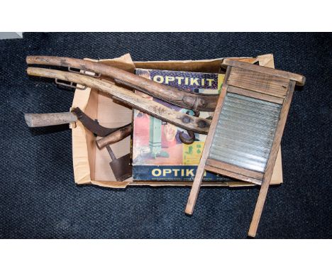 Box of Assorted Collectables including Optikit NO 1 Vintage Optician Set, Tools, wash board etc