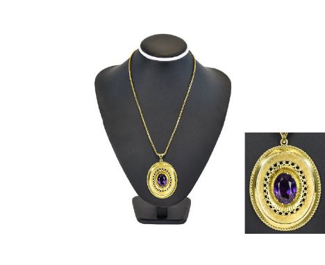 A Fine 9ct Gold Oval Shaped Pendant Set with a Large Faceted Amethyst of Excellent Colour, To Centre Amethyst Est 8 cts with 