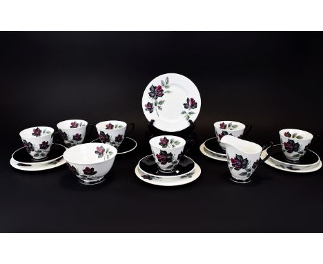 Royal Albert Fine Bone China ( 18 ) Piece Tea Service. In The ' Masquerade ' Pattern. Comprises 5 Trios ( 15 ) Milk Jug, Suga