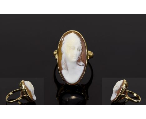 14ct Gold Set Oval Shaped Shell Cameo Ring, Features a Portrait Bust of a Young Woman. Well Carved, 1 Inches High. 5.8 grams.