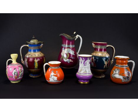 Collection of Seven Victorian Transfer Printed Ware with Classical Scenes, Comprising Two Similar Jugs with Mask Spouts and H