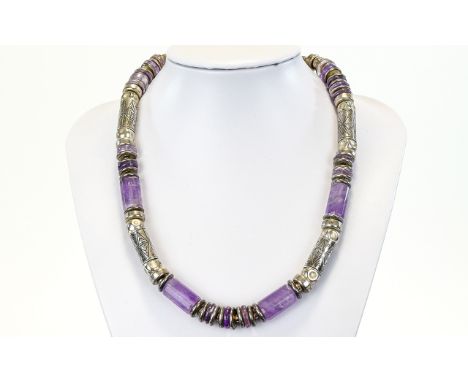 Anne Farag Amethyst and Silver Necklace, artisan designer necklace of tubular and rondelle amethyst beads interspaced with si