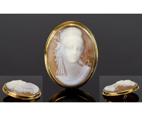 14ct Gold Mounted Oval Shaped Shell Cameo of Fine Quality. Features a Portrait Bust of a Young Woman, Wearing a Pearl Necklac