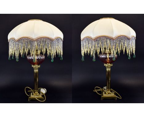 Antique Pair of Very Stylish Brass Column Oil Lamps - Converted to Art Deco Style Electric Table Lamps with Art Deco Shades c