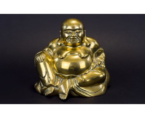 A Mid 20th Century Large Polished Cast Brass Sculpture / Figure of a Smiling Buddha, In a Sitting Position - Please See Photo