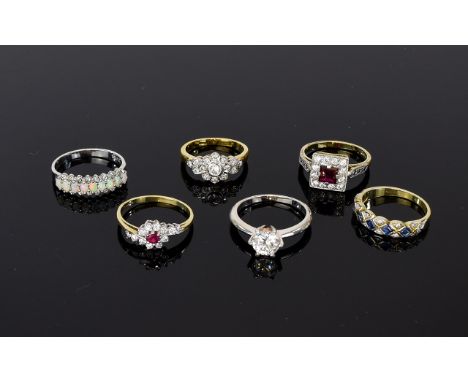 Six Silver Gemstone Rings To include silver tone and faux opal, red stone square set, faux solitaire etc