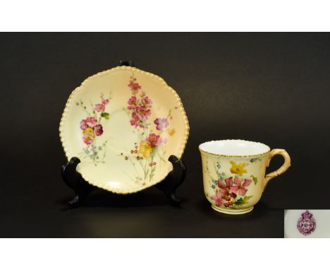 Royal Worcester Blush Ivory Cup and Saucer. Both Decorated with Painted Images of Spring Flowers ( Wild ) Gold Gilt Borders. 