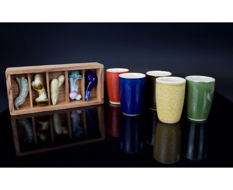 Vintage Boxed Set Of Japanese Sake Cups And Chopstick Holders    Set of five earthenware cups with coloured glaze, in origina